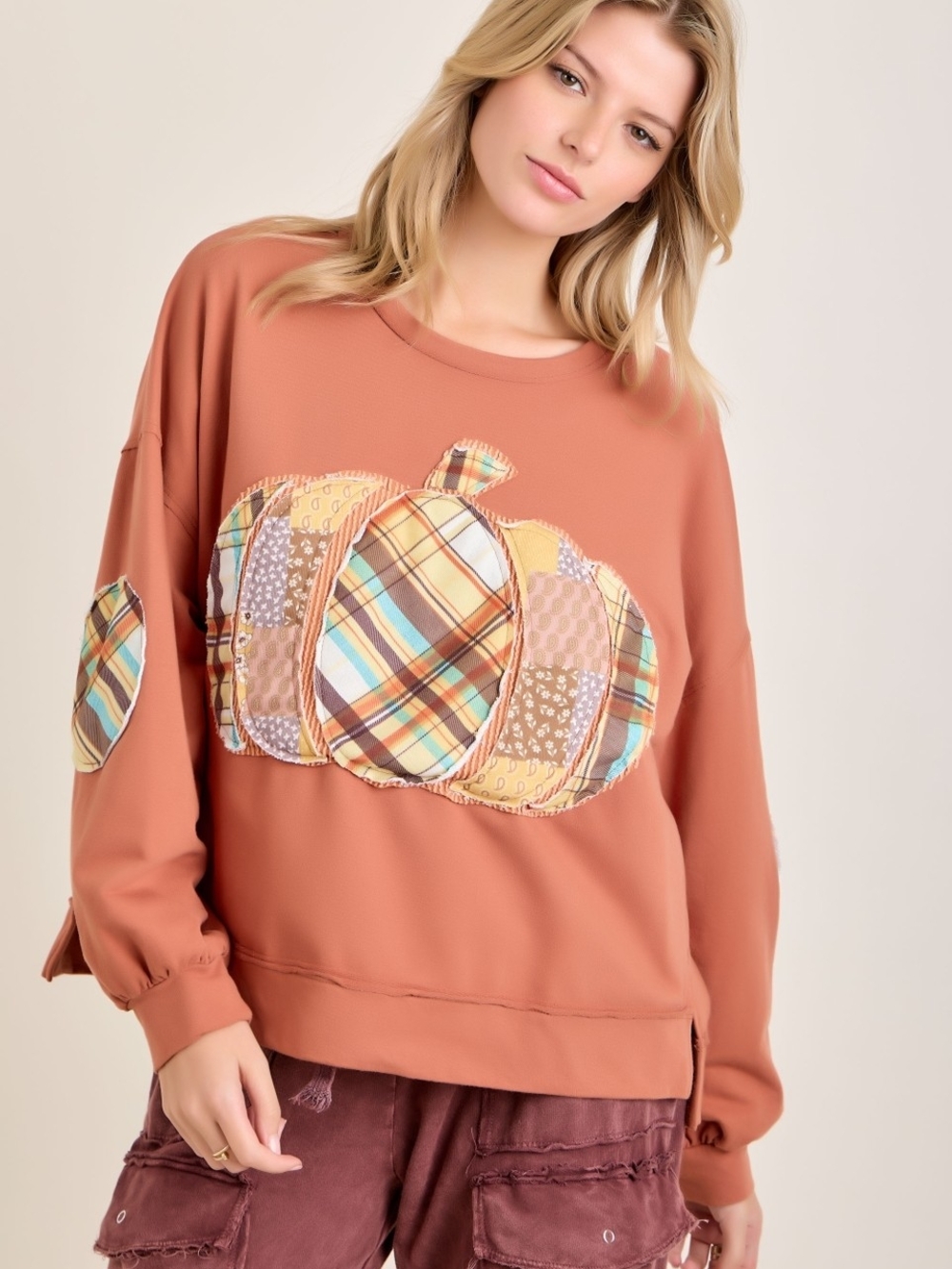 Relaxed Rust Pumpkin Patch Appliqué Sweatshirt - Reguler & Plus